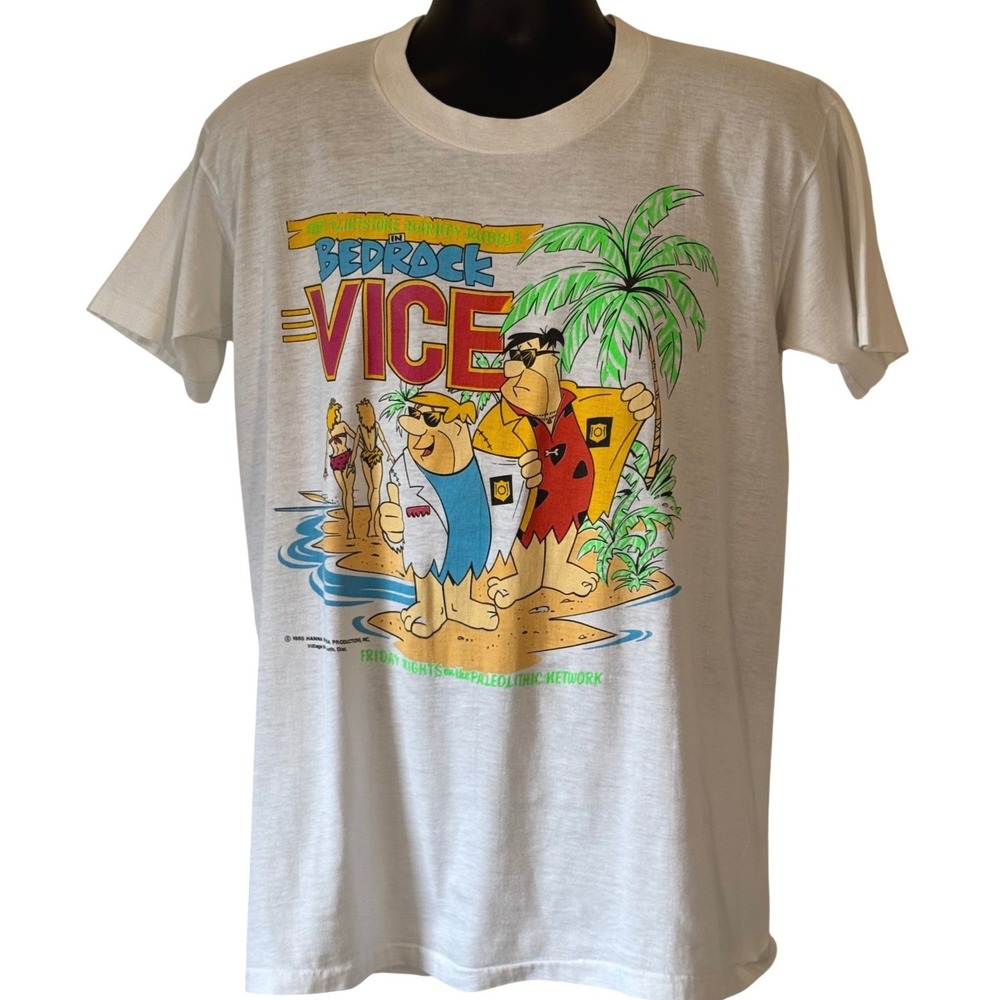 Vintage 1985 Hanna-Barbera Bedrock Vice Flintstones Barney T-Shirt White